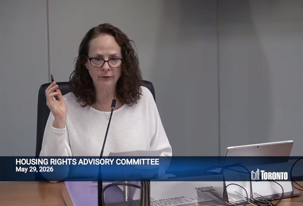 photo: Elizabeth McIsaac addresses the Human Rights Advisory Committee in Toronto on May 29, 2026