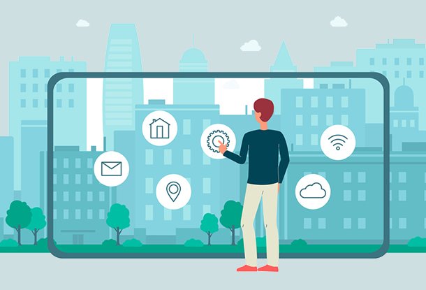 illustration: man using person-sized device in front of cityscape (iStockphoto)