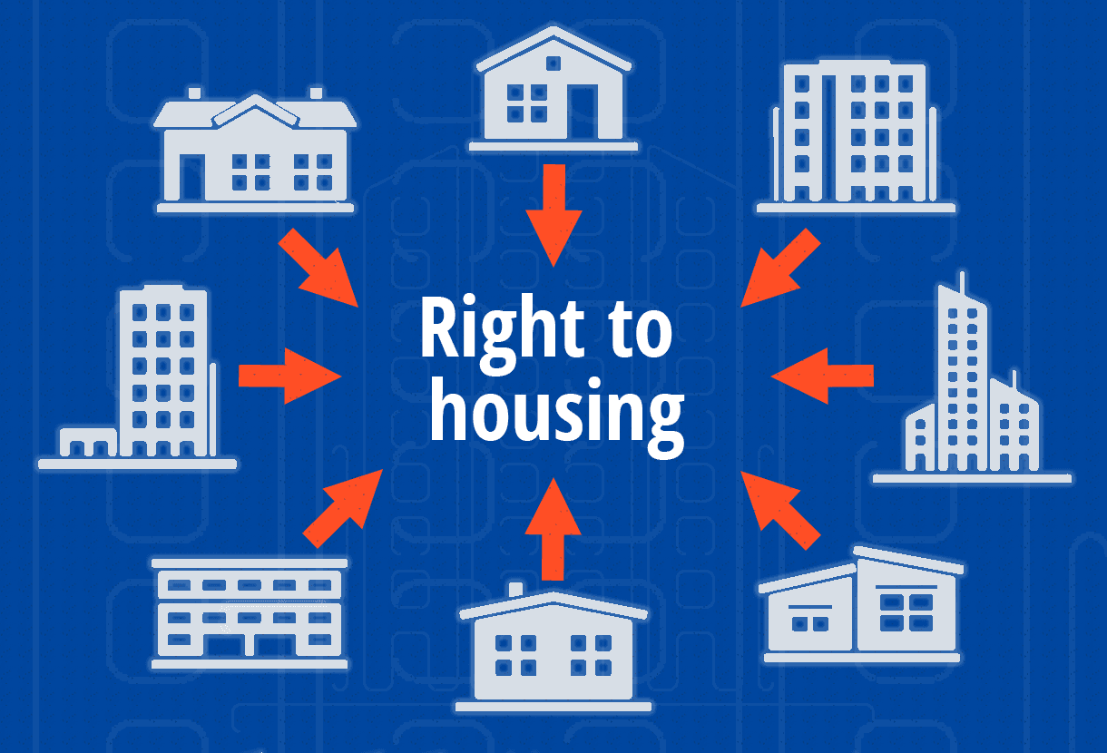 image: icons of houses and apartments with arrows pointing to the words "Right to housing" (credit: Maytree, iStockphoto)