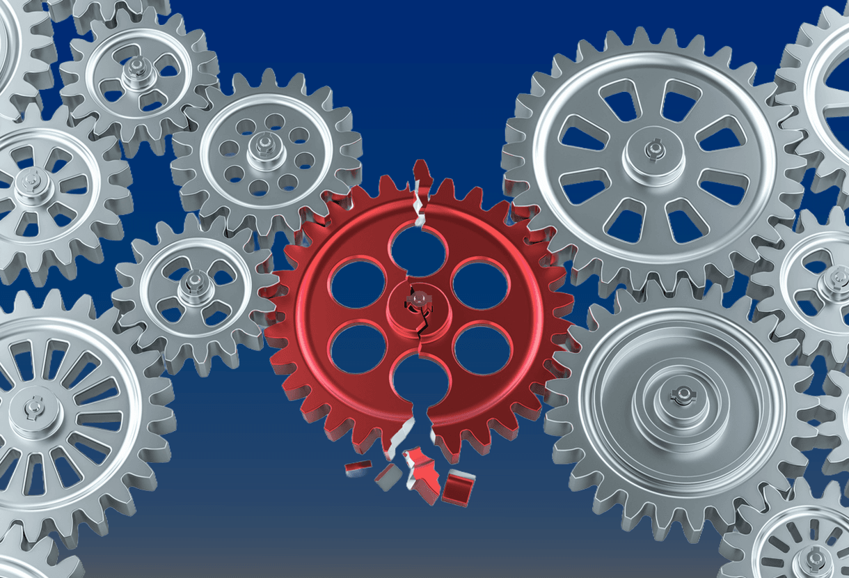 image: broken cog in a set of gears (iStockphoto)