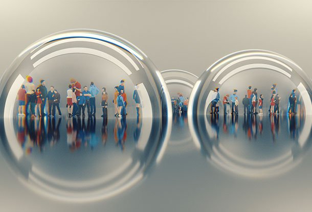 Group of people living in separate glass bubbles (iStockphoto)