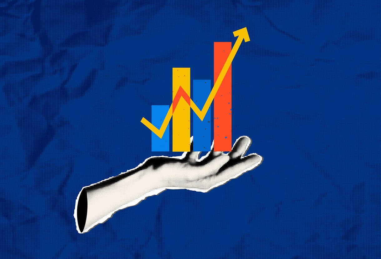 image: Halftone collage hand holding raising arrow chart (iStockphoto)