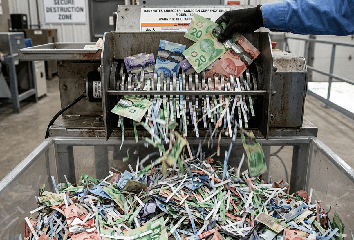 image: Canadian currency being uselessly shredded (Adobe Firefly)