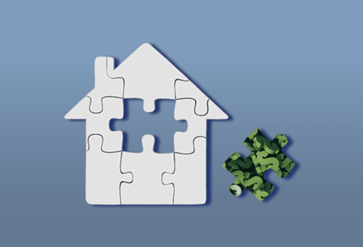 image: puzzle in the shape of a house. The missing piece has an image of money.